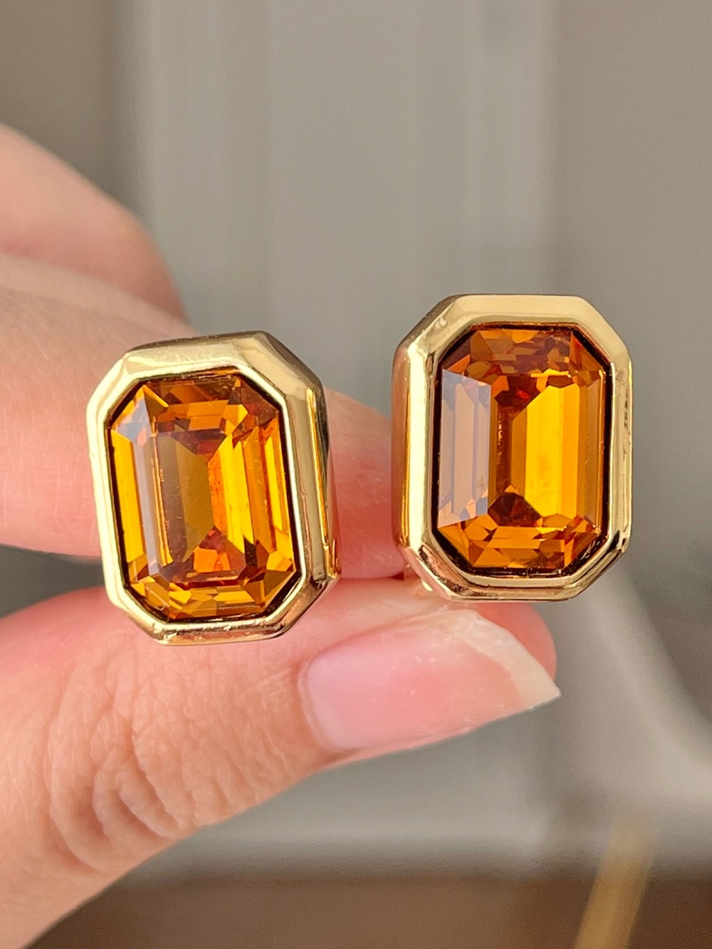 Authentic Vintage Dior Rectangular Orange Rhinestone Gold-Tone Clip-On Earrings